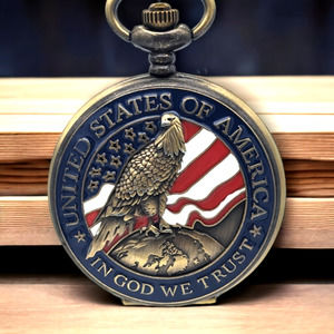 Eagle and Flag Patriot Pocket Watch Patriotic Vintage Bronze Finish America Gift